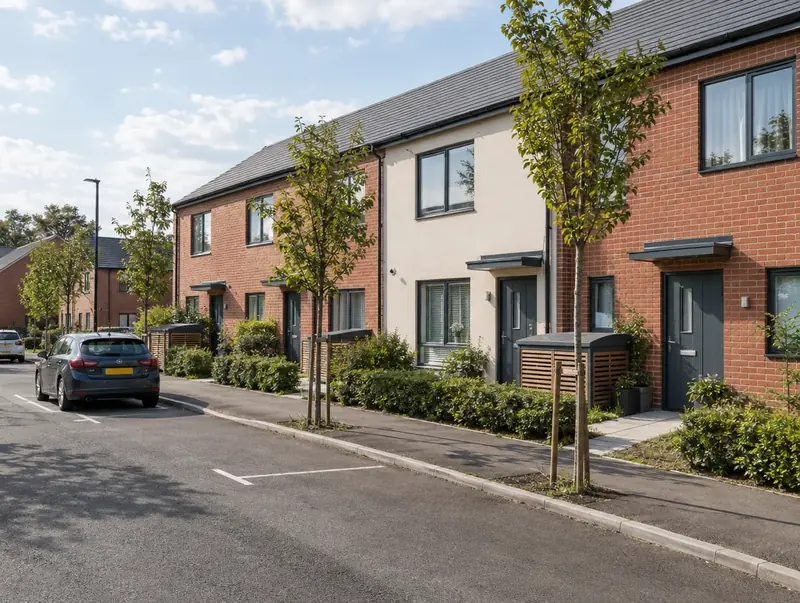 Newly completed terrace of two-storey affordable homes with small front gardens