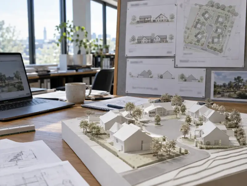 White card architectural model of a small cul-de-sac in a planning studio