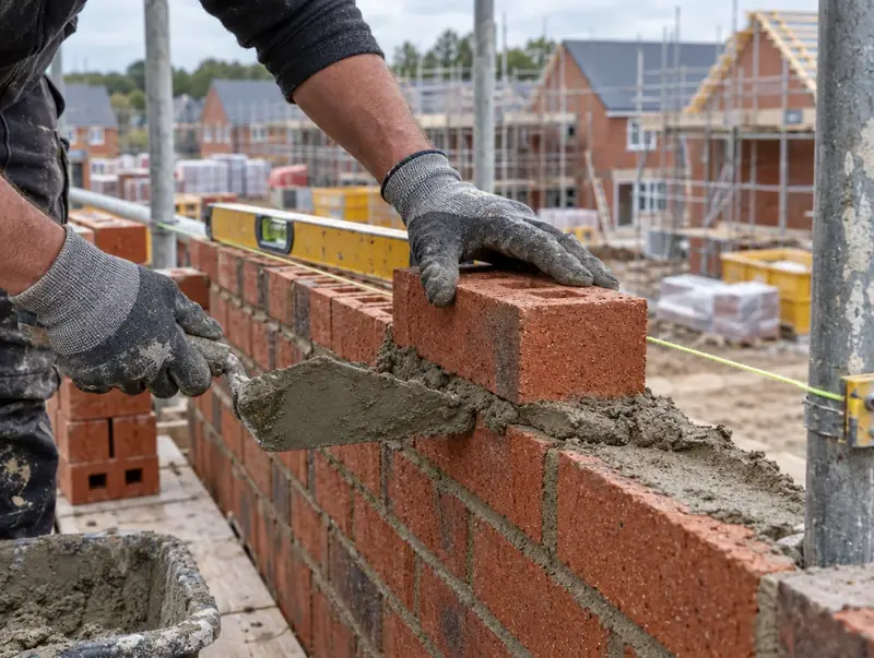 Bricklayer’s gloved hands laying a red facing brick on fresh mortar