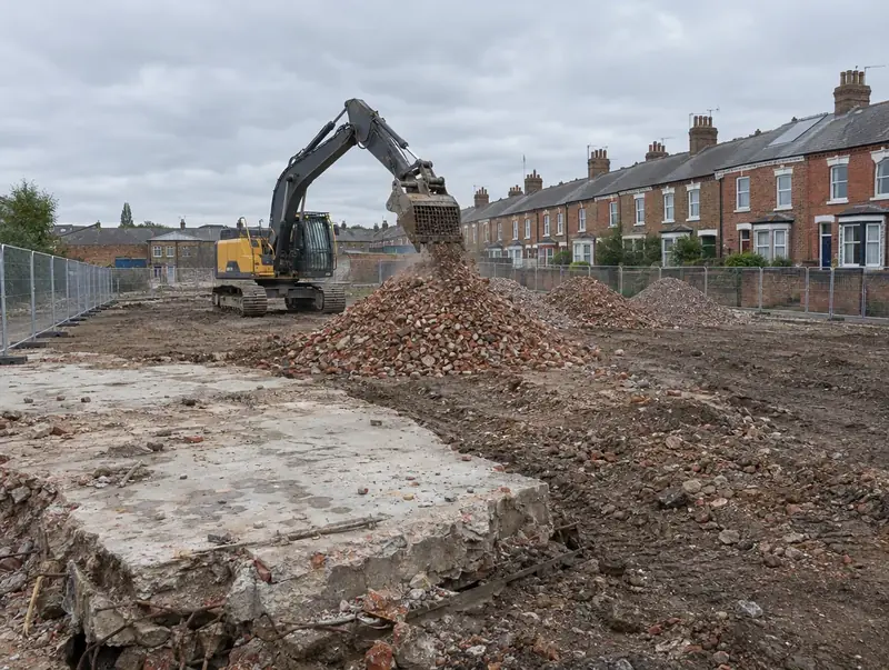 Excavator clearing a former industrial yard beside Victorian terraced houses