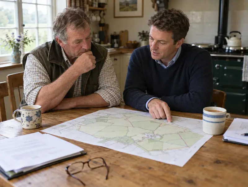 Farmer and adviser at a farmhouse kitchen table reviewing a printed site plan
