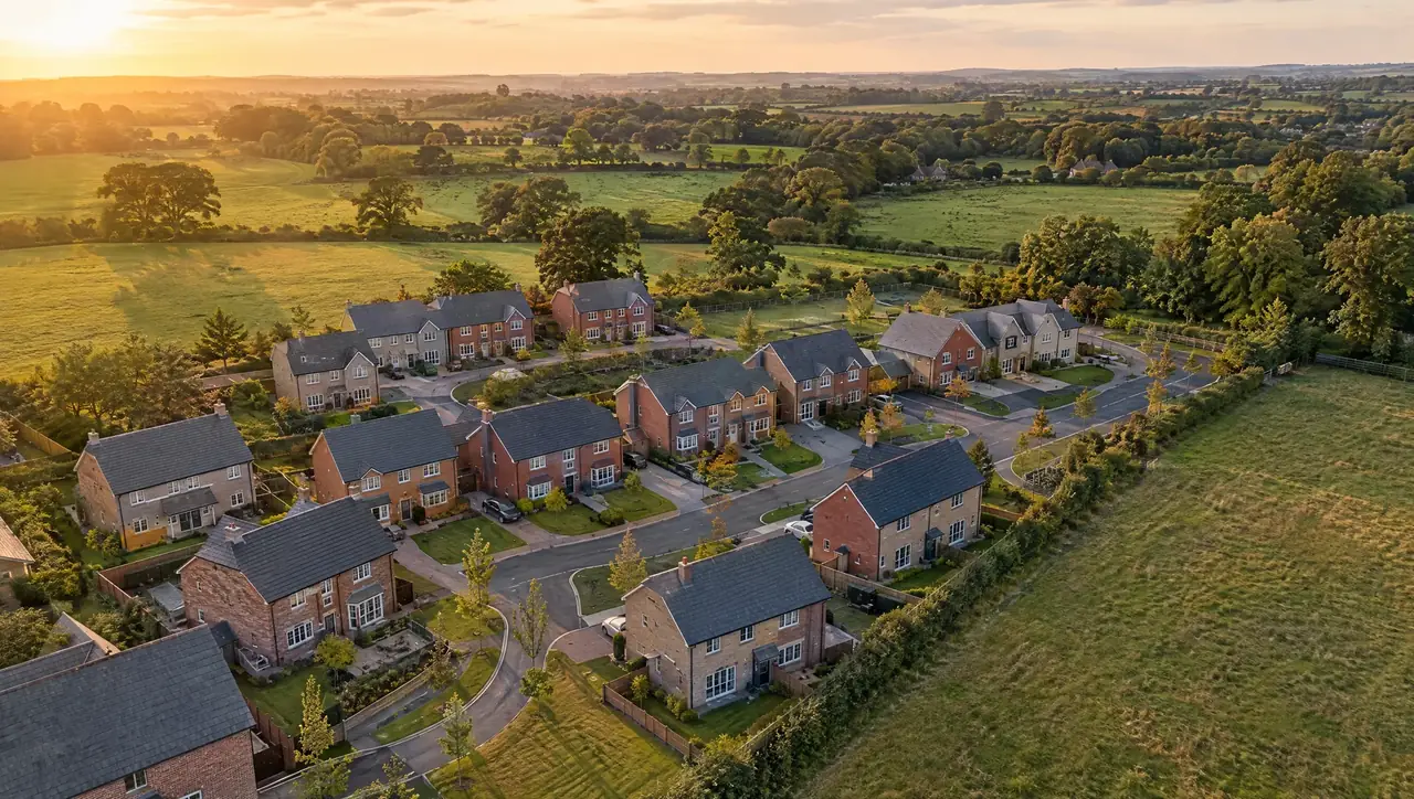 Aerial view at golden hour of new brick homes on the edge of an English village, with open fields beyond