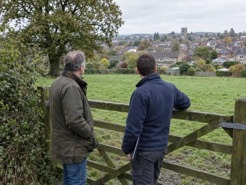 Landowner and surveyor at a wooden field gate looking over a paddock behind town gardens