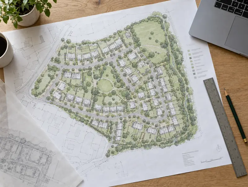 Architect’s desk with a printed residential masterplan, scale ruler and pencil
