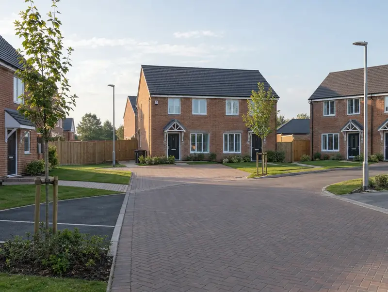 Quiet new-build cul-de-sac of semi-detached brick homes with block-paved drives