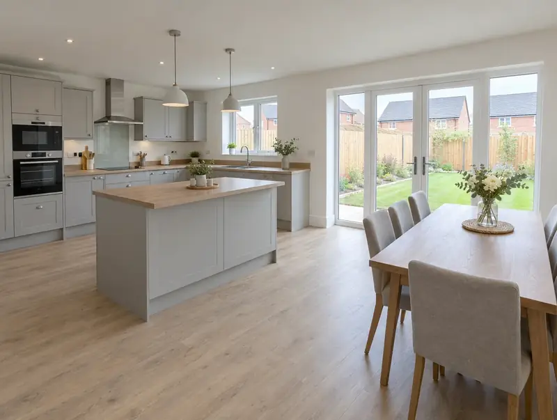 Bright new-build kitchen-diner with grey units and glazed doors to a garden
