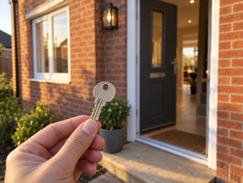 Hand holding a house key in front of the open front door of a new brick home