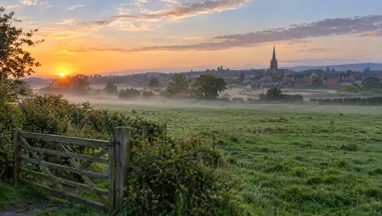 Misty paddock at sunrise on the edge of a market town with a church spire