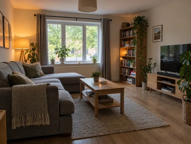Calm new-build townhouse living room with a grey sofa and a tree-lined street view