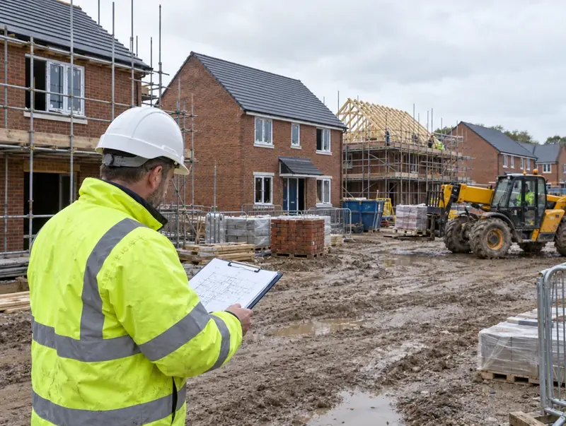 Site manager in a safety helmet checking drawings on a housebuilding site
