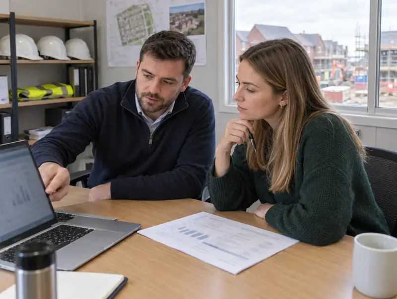 Two professionals reviewing a development appraisal in a site office
