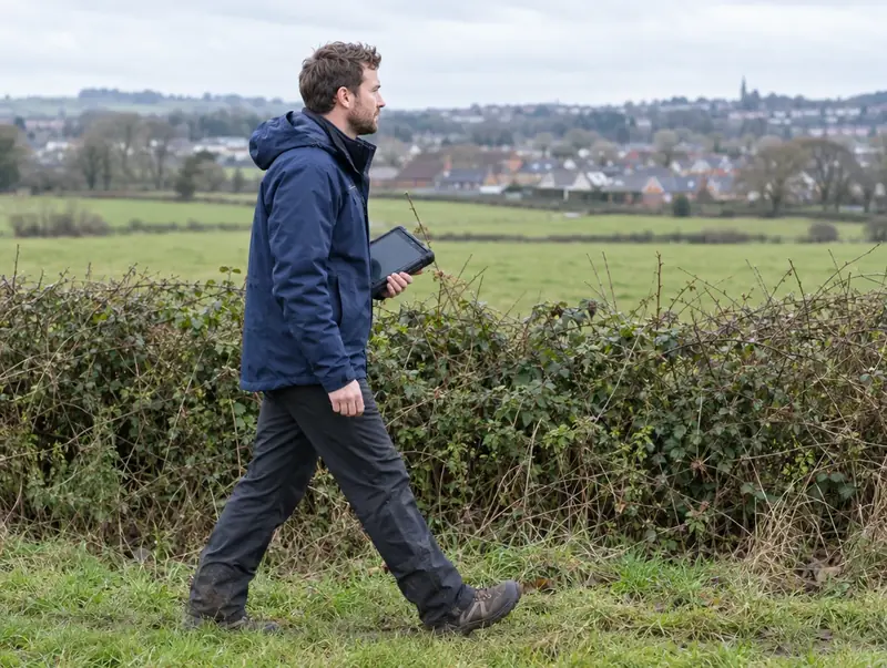 Development surveyor walking a field boundary hedge with a tablet